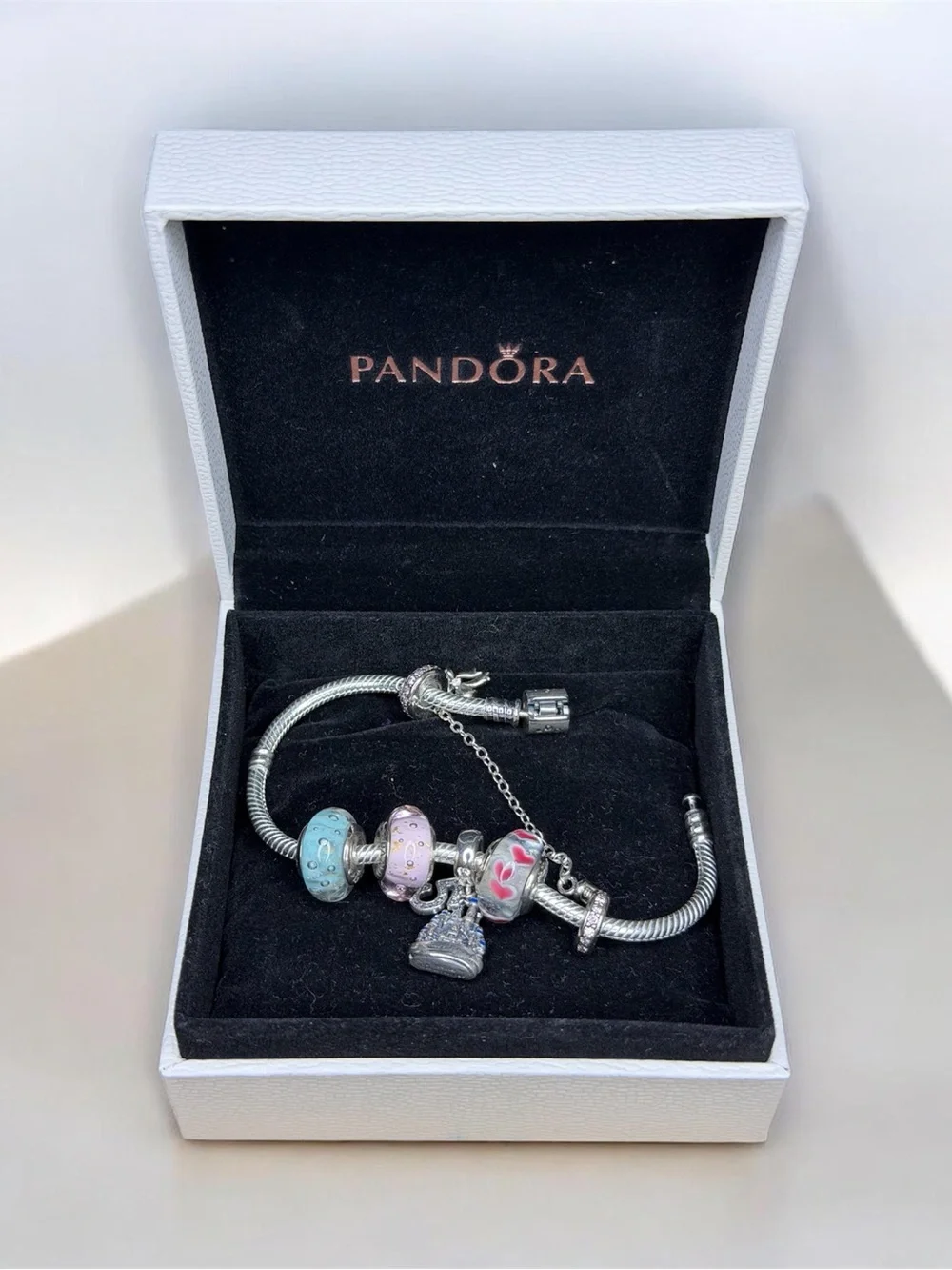 Pandora Silver Charm Bracelet with Pastel Glass and Castle Dangle